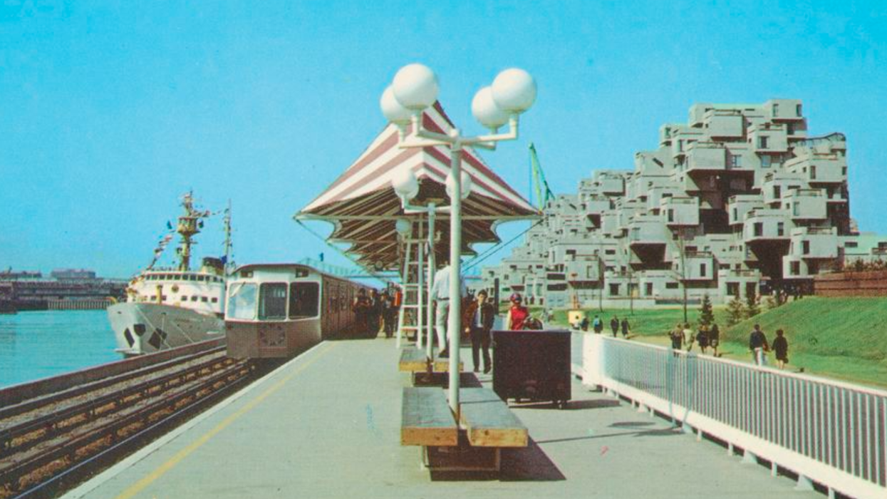 Expo Express pulls into the train station that once existed outside Habitat 67.