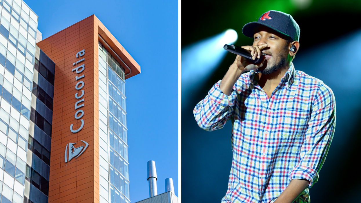 Exterior of Concorida University in Montreal, Quebec, Right: Rapper Kendrick Lamar performing on stage.