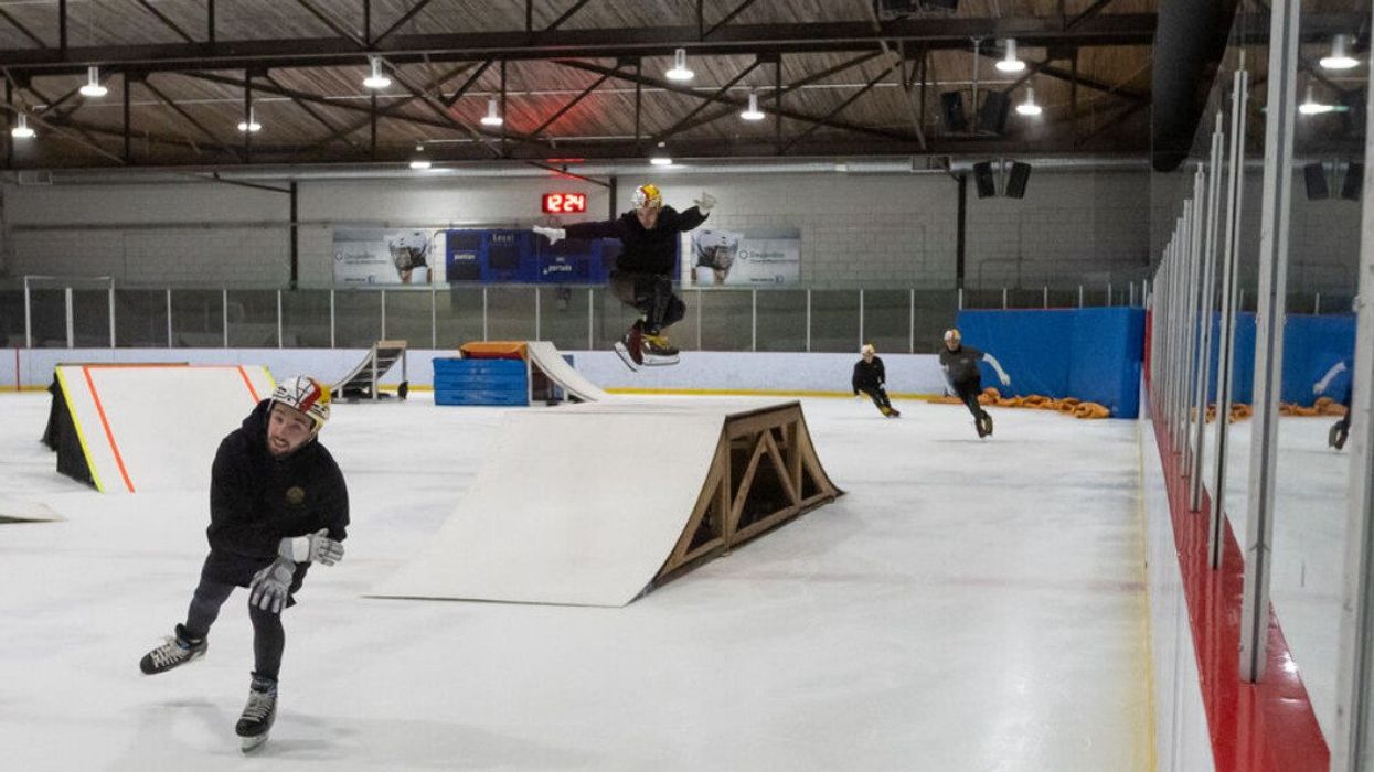 Extreme skaters with Cirque du Soleil CRYSTAL jump and skate around Montreal's Aréna Chénier in Anjou.