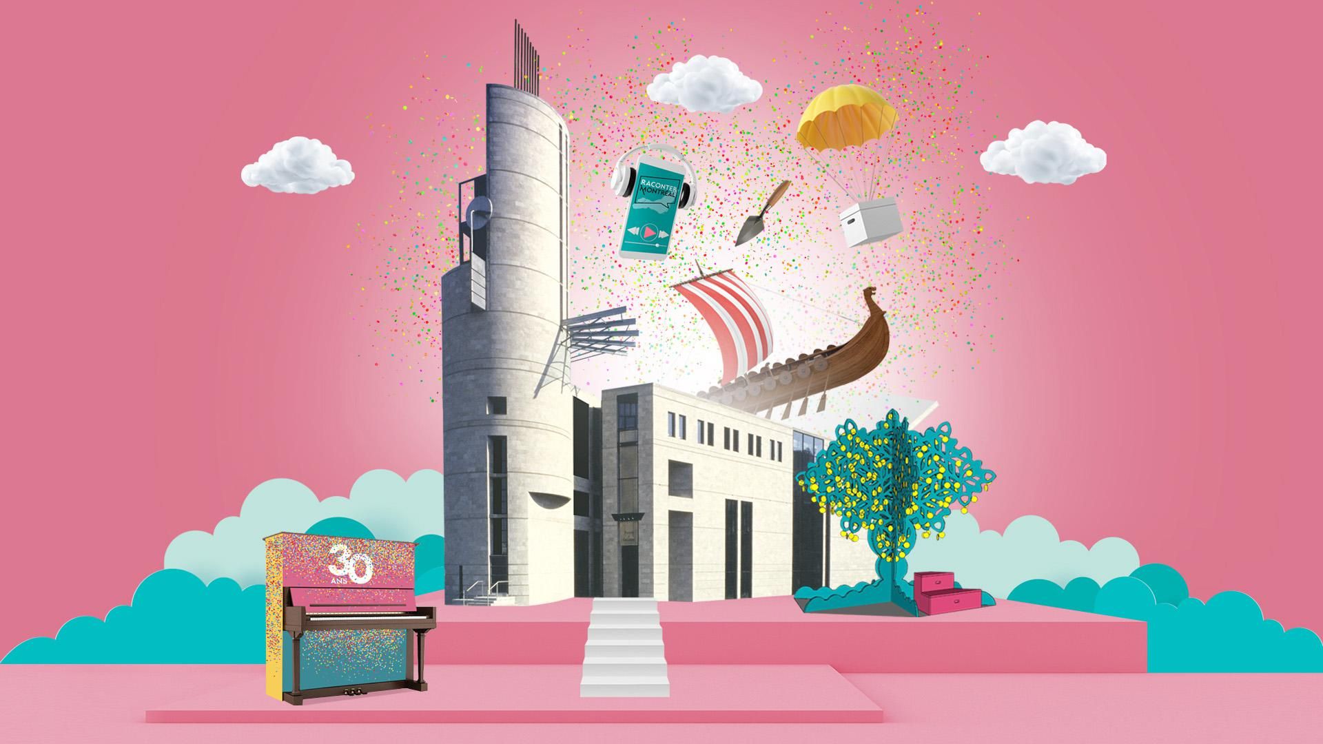 Illustration of the museum and various objects representing its history.