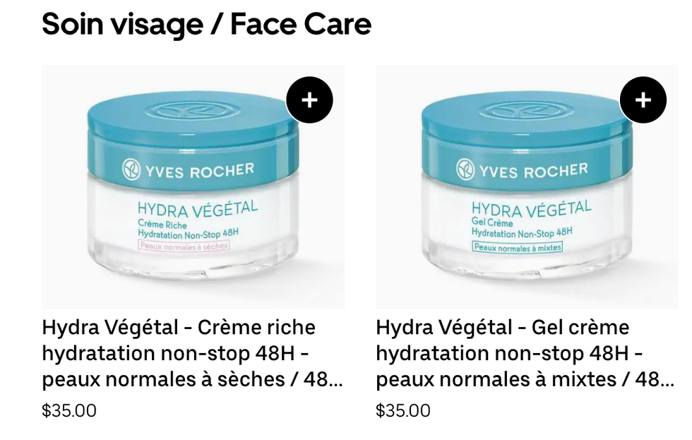 Face creams on sale from Yves Rocher through Uber Eats.