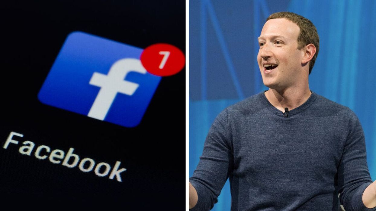 Facebook app logo. Right: Mark Zuckerberg.