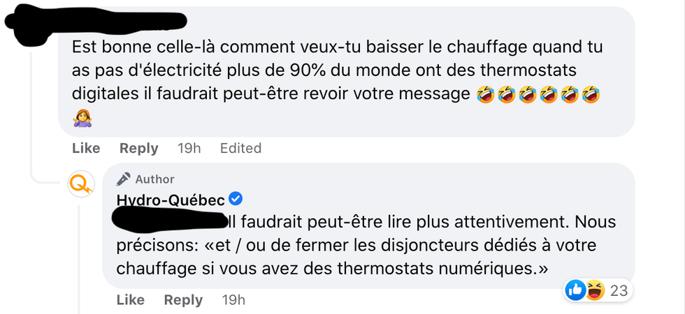 Facebook comments on Hydro-Qu\u00e9bec's page.