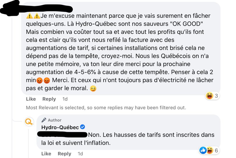 Facebook comments on Hydro-Qu\u00e9bec's page.