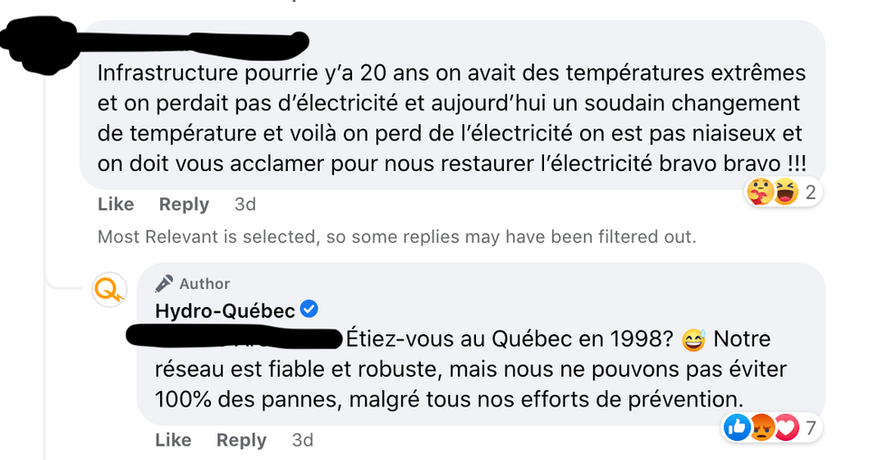 Facebook comments on Hydro-Qu\u00e9bec's page.