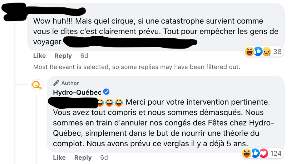 Facebook comments on Hydro-Qu\u00e9bec's page.