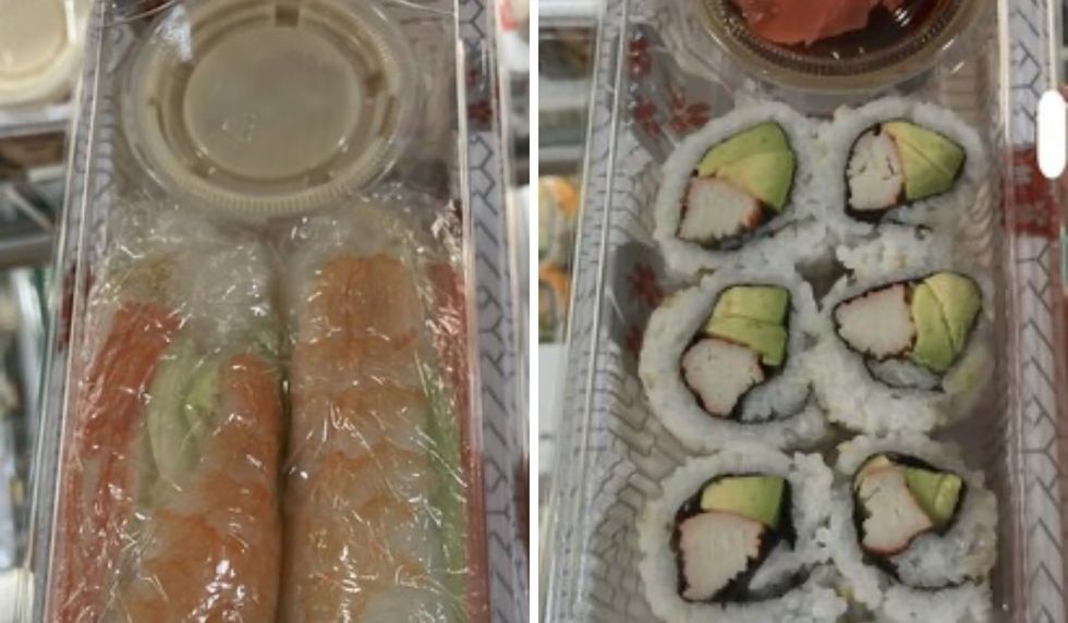 Fake crab and cucumber rolls packaged inside a plastic container with a dipping sauce on the side. Right: Several California rolls packaged inside a plastic container.