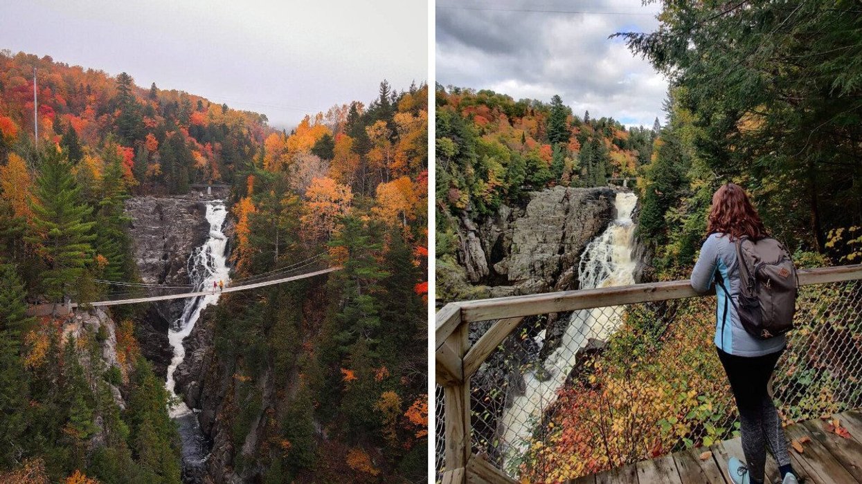 Fall colours in a canyon in Quebec. Right: A person looks out from a viewpoint over a canyon in Quebec.