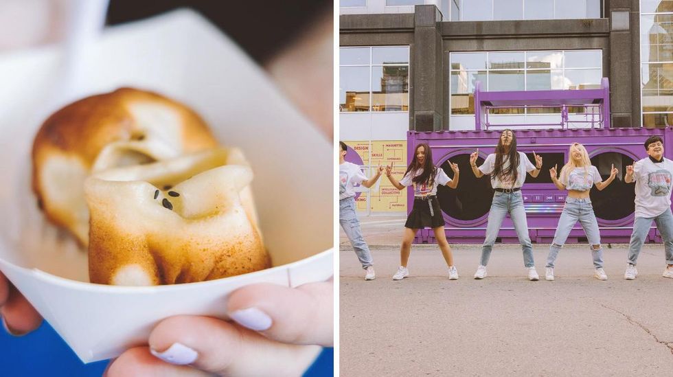 Famed Sheng Jian Bao, or fried pork buns, from Chef Lee. Right: Kpop dancers in front of a giant purple boombox.