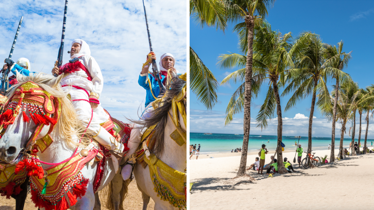 Fantasia Riders in Morocco, Right: Beach in the Philippines.
