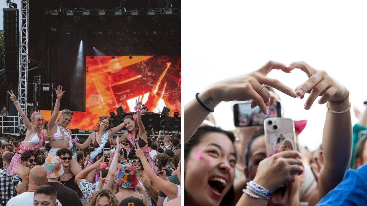 Festivalgoers on each other's shoulders in front of the stage at Festival Fuego Fuego. Right: People make a heart with their fingers for a photo at Osheaga.