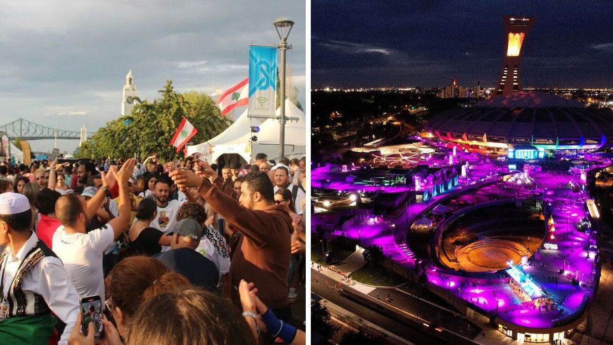 Festivalgoers wave Lebanese flags at Orientalys in Montreal's Old Port. Right: The Olympic Stadium is lit up for Montreal Pride.