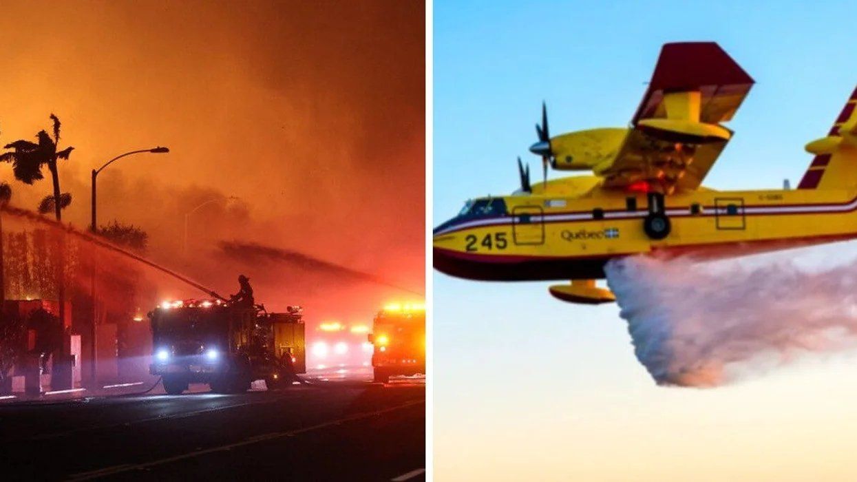 Firefighters combat a raging wildfire with water hoses amidst a glowing orange skyline. Right: A Quebec firefighting plane drops a stream of water during aerial firefighting efforts.