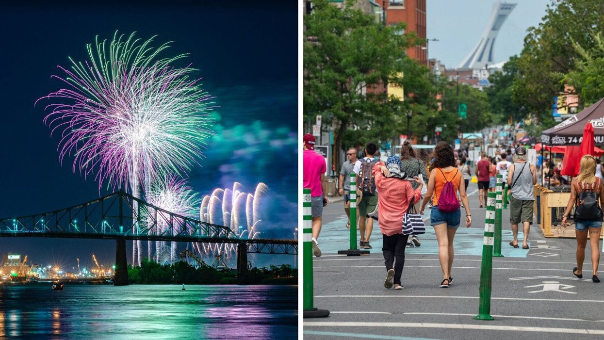 Fireworks explode over La Ronde amusement park with Montreal's Jacques Cartier Bridge in the foreground. Right: People stroll down a pedestrianized avenue du Mont-Royal.