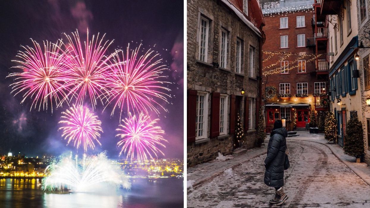 Fireworks light up the sky. Right: A woman poses in a quaint, cobblestone street.