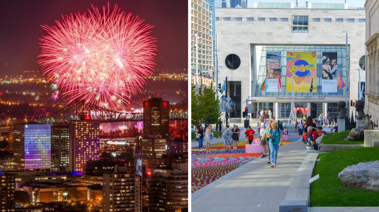 Fireworks taking place above Montreal's Jacques-Cartier Bridge. Right: People walking up Montreal's Museum avenue. 