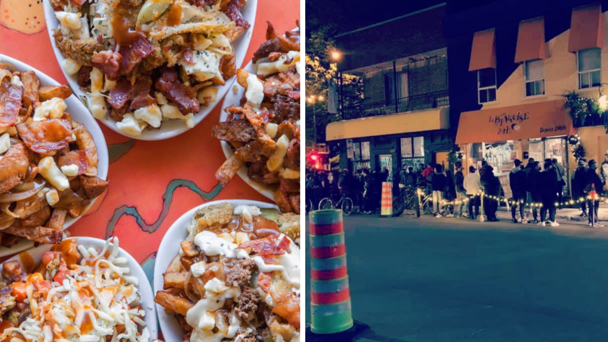 Five loaded La Banquise poutines arranged in a circle on a table. Right: A massive line outside La Banquise in the summer.