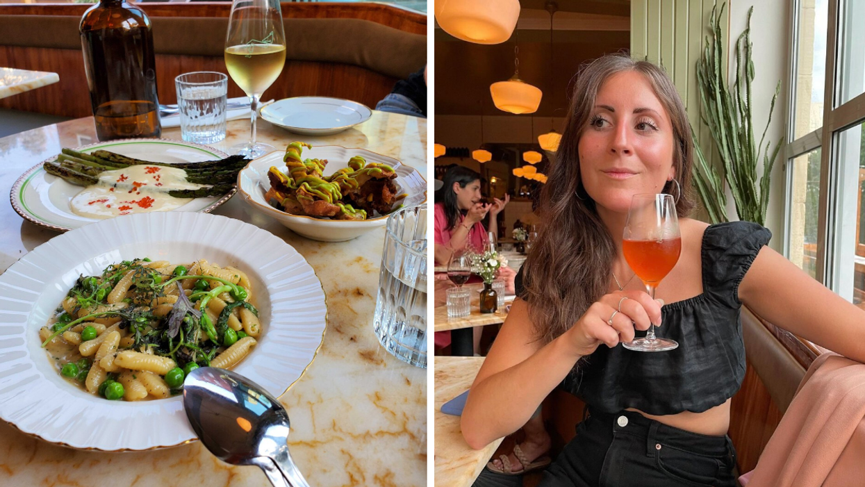 Food from Montreal restaurant, Nolan, Right: Person enjoying a drink from Montreal restaurant, Nolan.