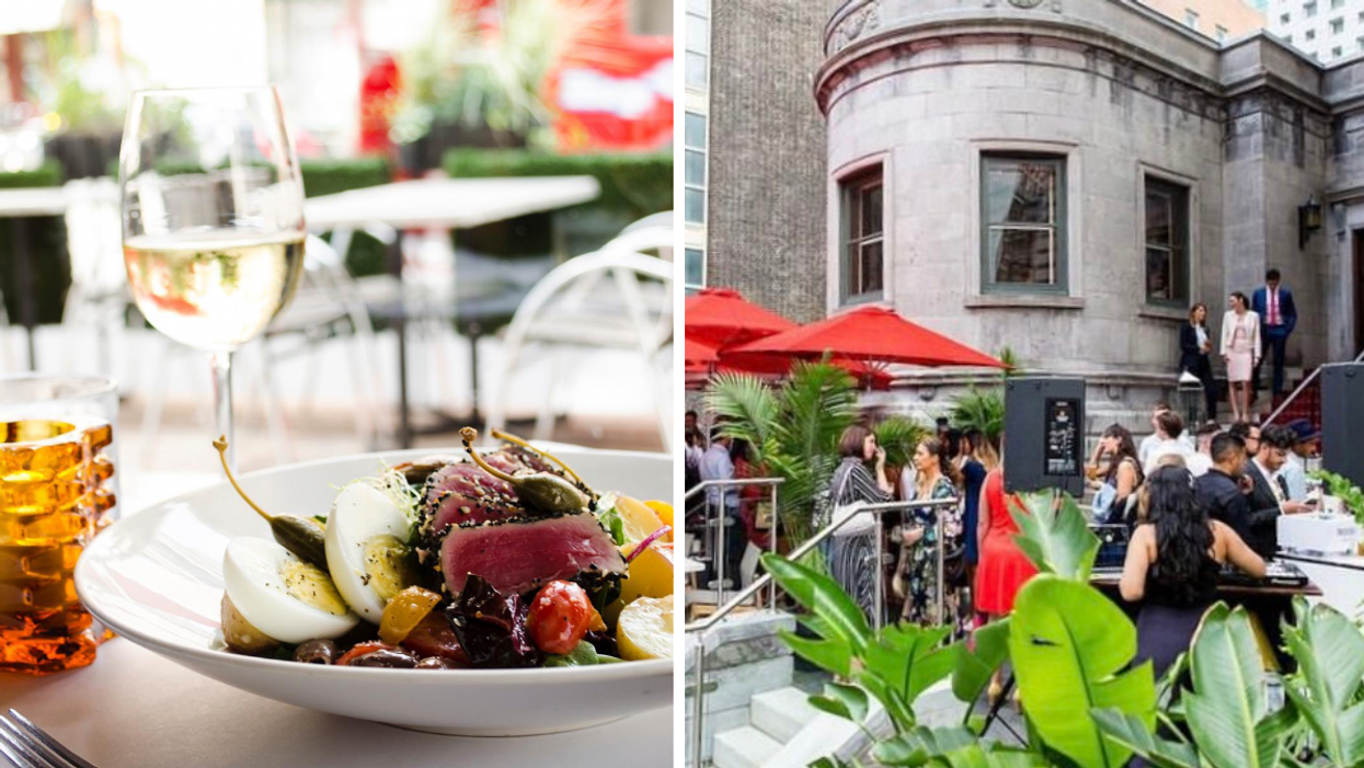 Food on table at Modavie. Right: People on Bar George's terrasse.