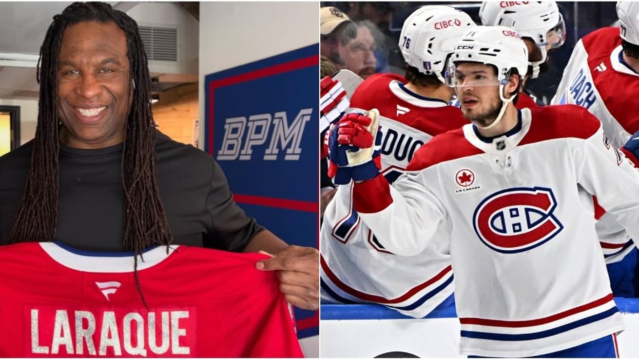 Former Habs player Georges Laraque. Right: Jake Evans of the Montreal Canadiens.