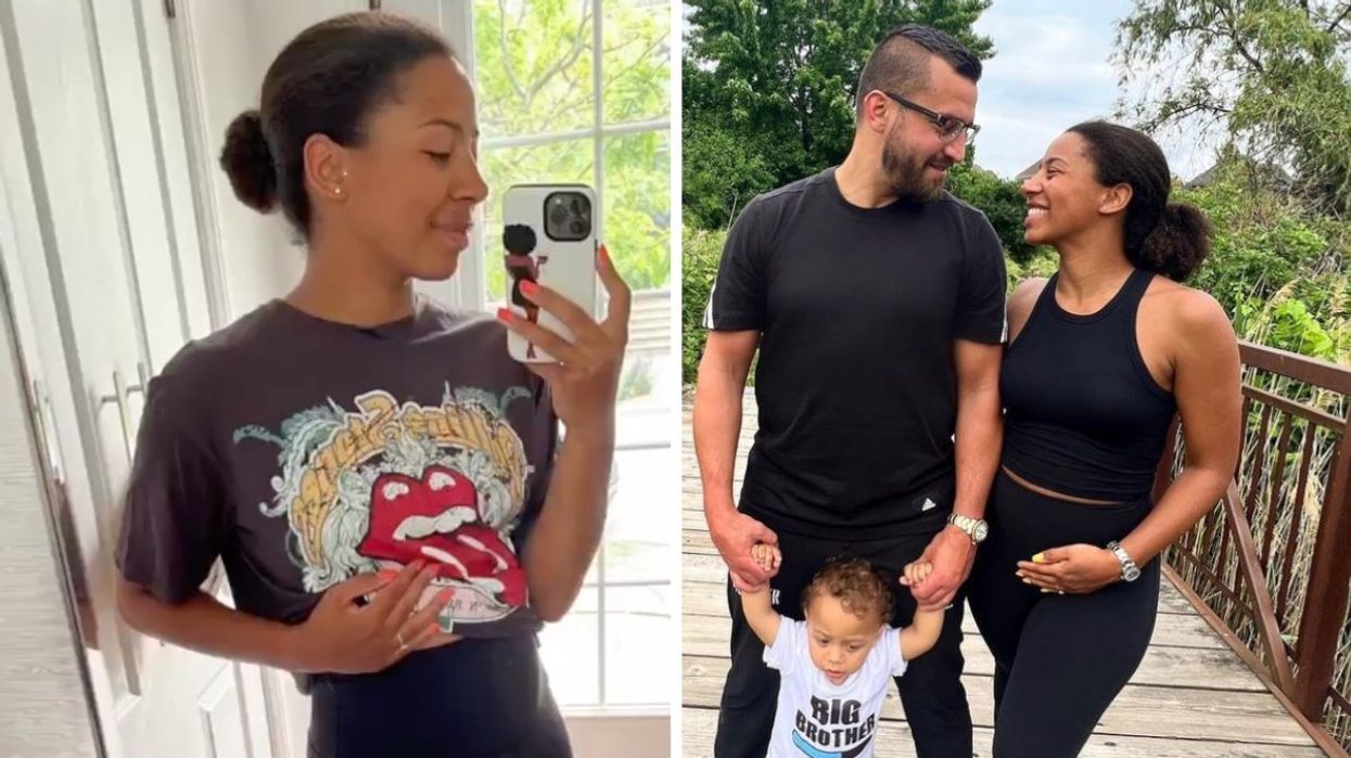 Former Quebec olympic diver Jennifer Abel taking a selfie of her baby belly, Right: Jennifer Abel and her husband David Lemieux posing with their son Xander.