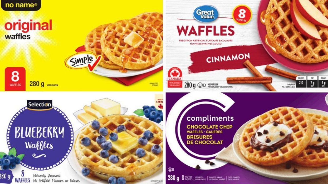 Four packages of frozen waffles from various Canadian supermarket house labels.
