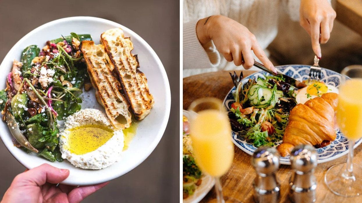 Fresh brunch plate with whipped ricotta. Right: Elegant brunch with croissant and salad