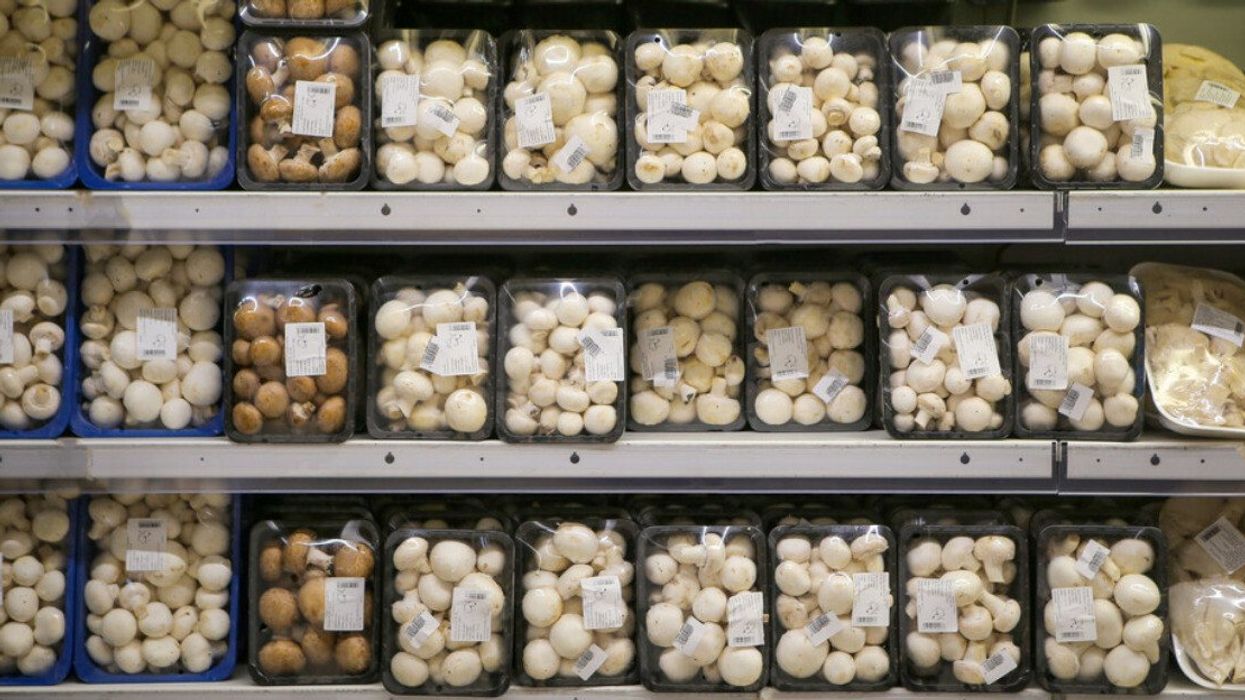 Fresh mushrooms on the fruits and vegetables aisle in a store.