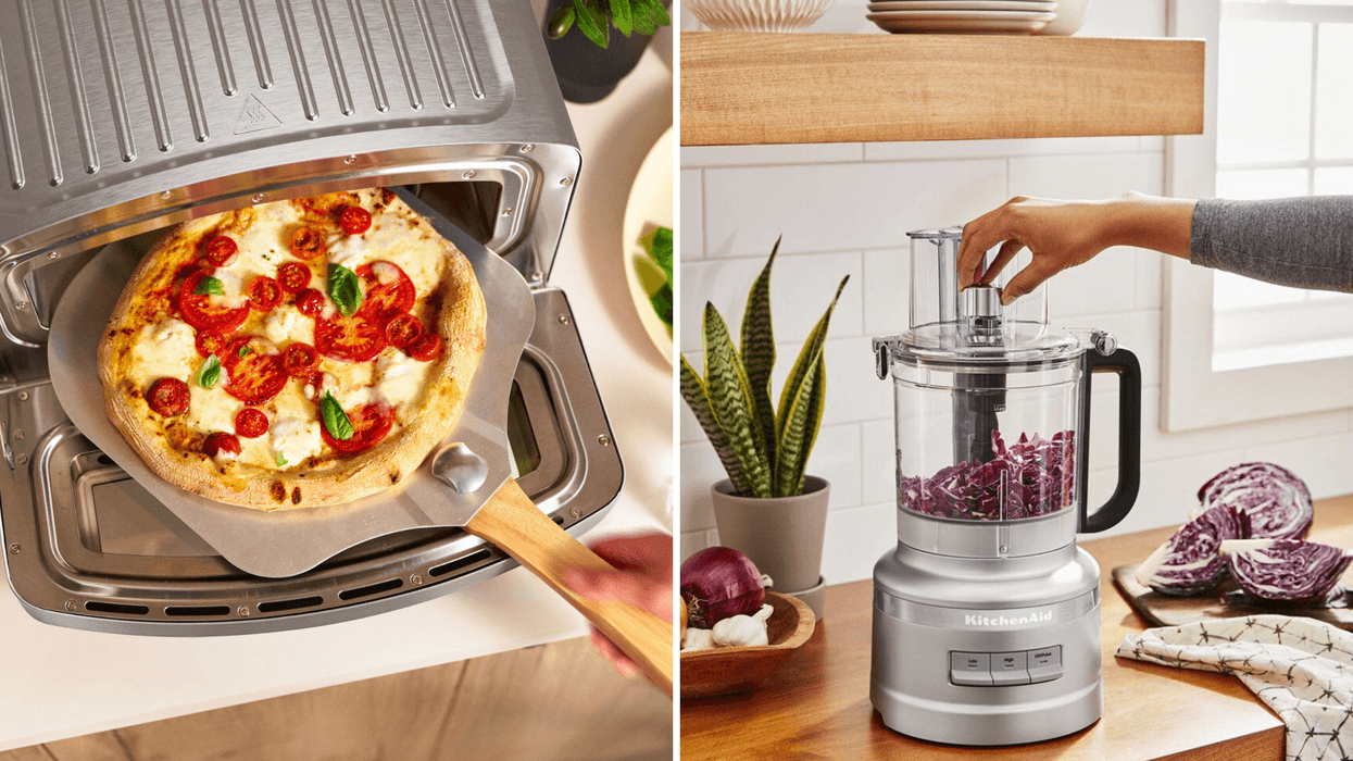 Freshly baked pizza being removed from a countertop pizza oven with a wooden peel. Right: KitchenAid food processor chopping red cabbage on a modern kitchen countertop.