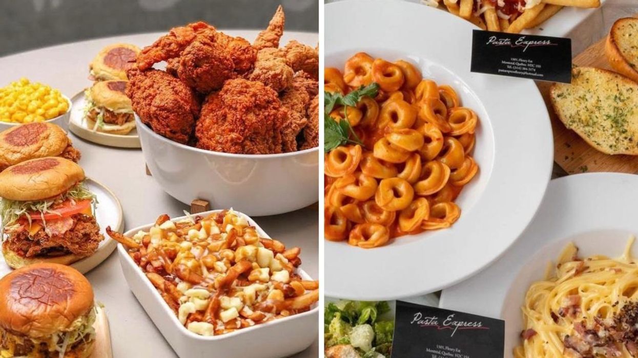 Fried chicken, burgers and poutine from Bucky Rooster's in Montreal, Right: Several plates of pasta from Pasta Express on Fleury in Montreal.
