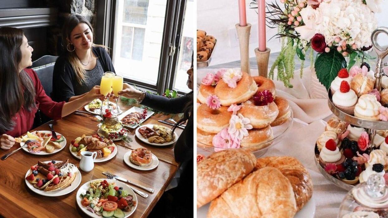 Friends clink mimosas at a table full of food. Right: A brunch spread.