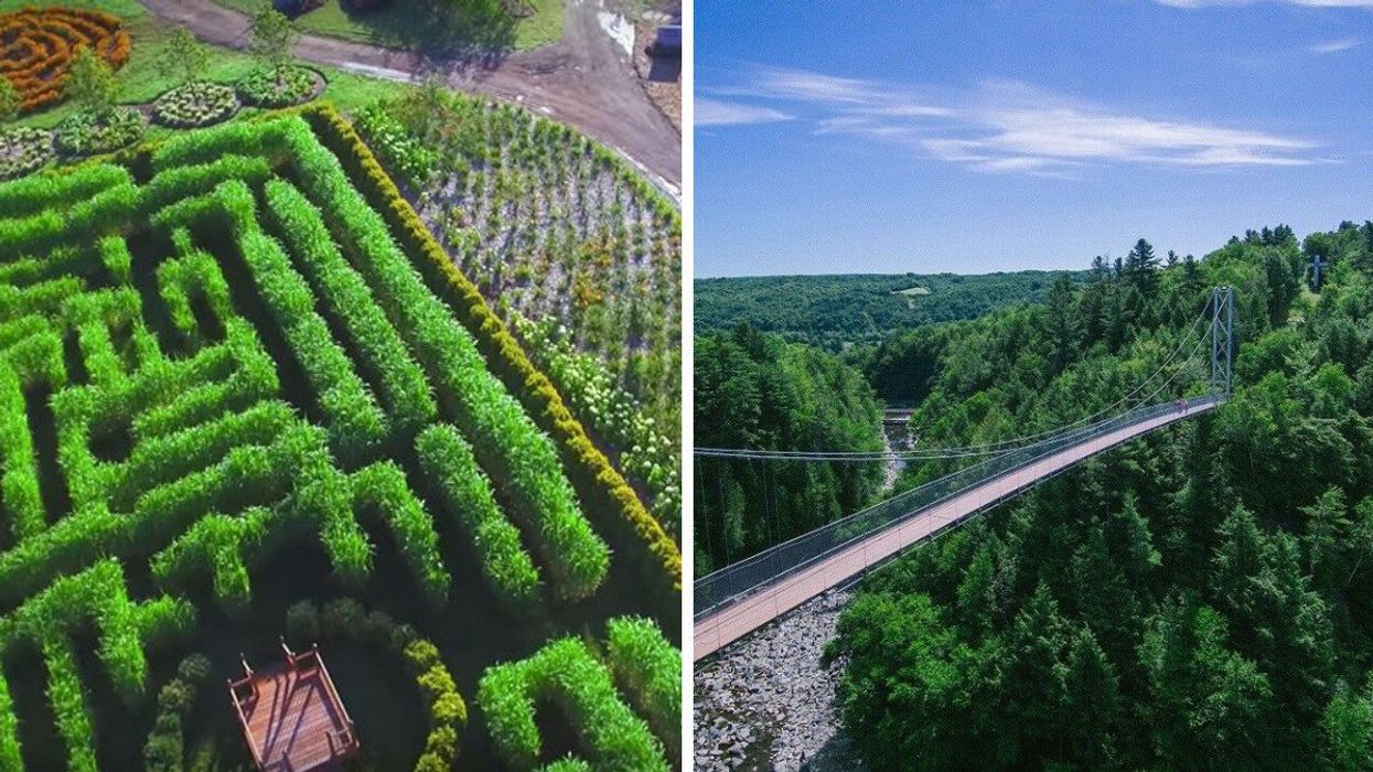 Garden maze at Champs de Rêves. Right: Suspension bridge at Gorge Park.
