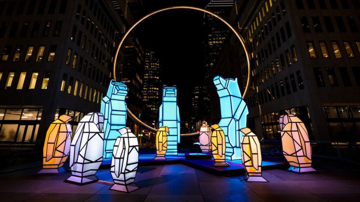 Giant polar bear and penguin installations by the Montreal Ring.