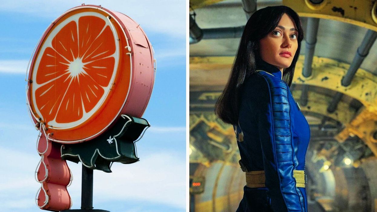Gibeau Orange Julep neon sign. Right: Fallout actor Ella Purnell in a vault.