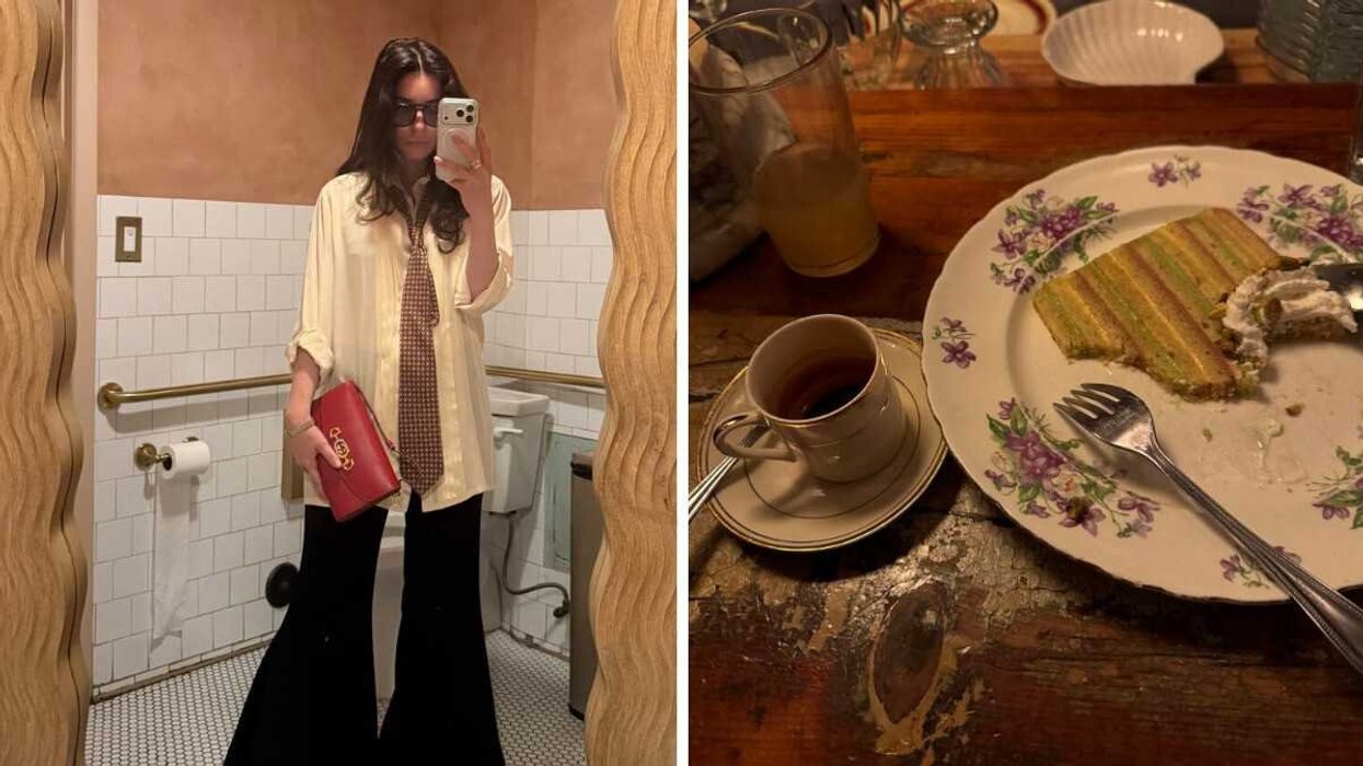 Girl in bathroom wearing black trousers and a button down shirt takes a mirror selfie. Right: Slice of cake and tea on floral China dishes.