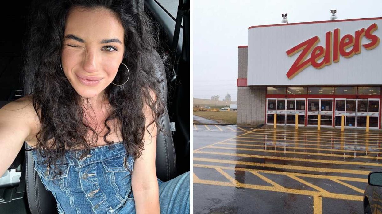 Girl with brunette curly hair, hoops, and Canadian tuxedo. Right: Zellers storefront in rain.