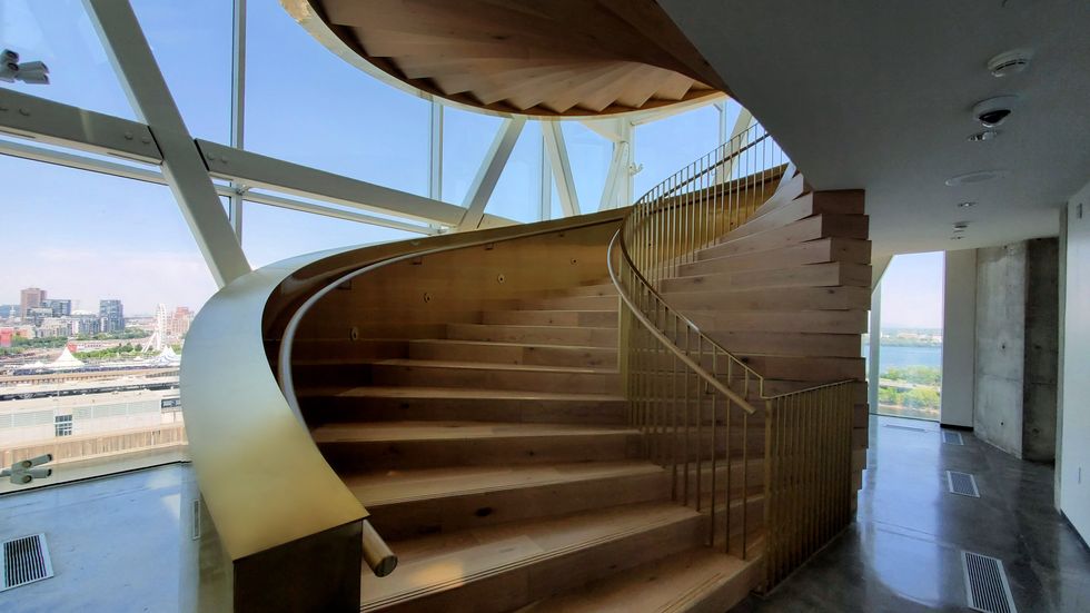 Golden staircase to the top of the Port of Montreal Tower.
