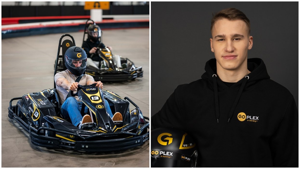 GoPlex e-karts on a track. Right: Montreal Canadiens player Ivan Demidov