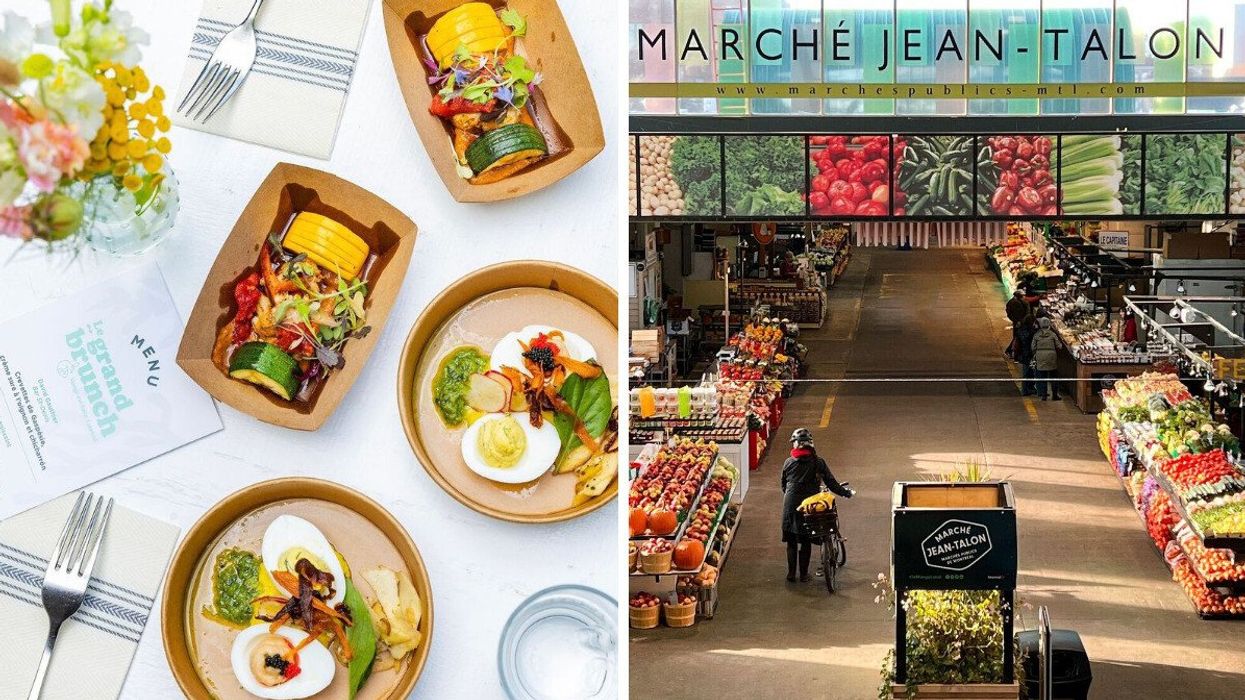 Grand Brunch menus and dishes on a white table cloth. Right: Someone walks their bike through Jean-Talon market stalls filled with fresh produce.