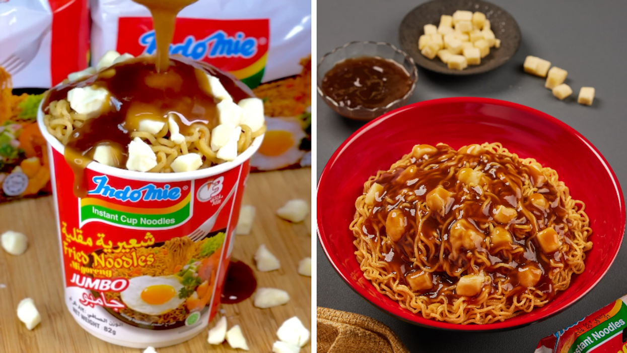 Gravy being poured onto a cup of Mie Goreng Indomie topped with cheese curds. Right: Instant noodle poutine. Right: Instant noodle poutine from Nai Nai, an Indonesian restaurant in Toronto.
