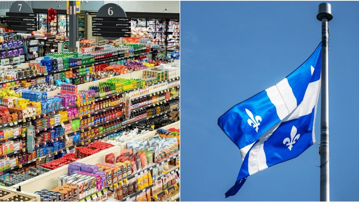 Grocery store aisles. Right: Quebec flag.