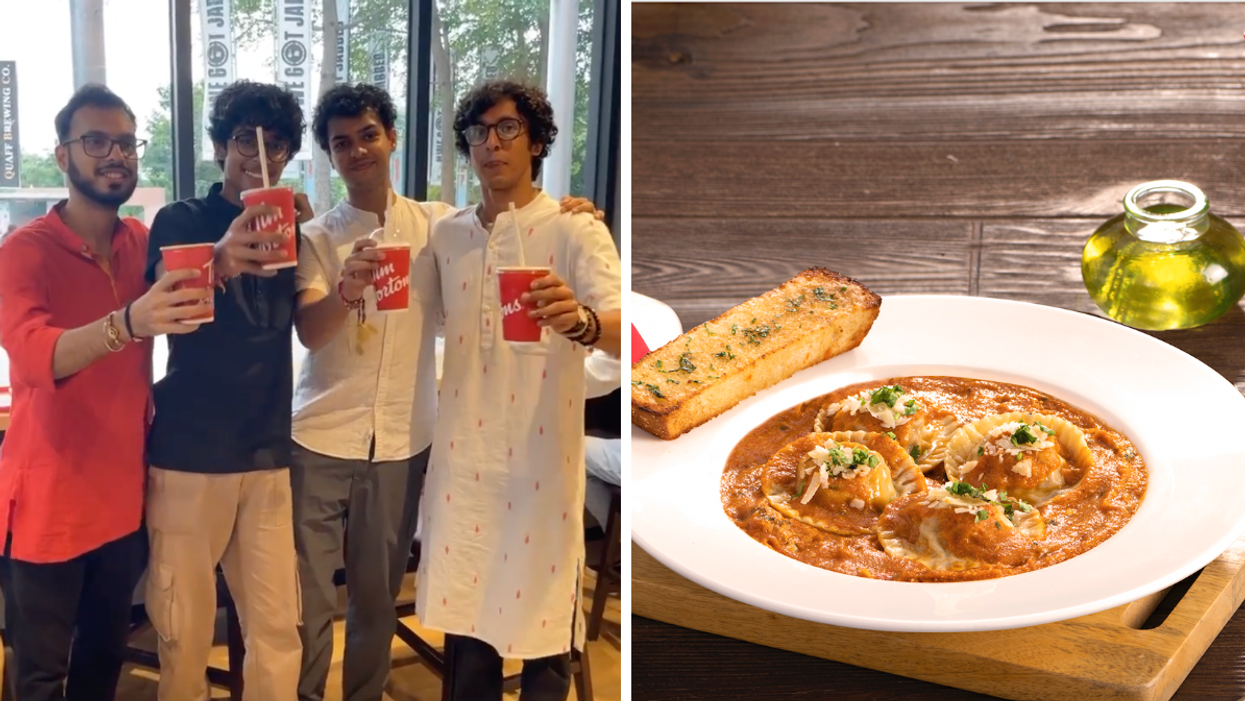 Group of people drinking Tim Hortons beverages in India, Right: Tim Hortons India ravioli.