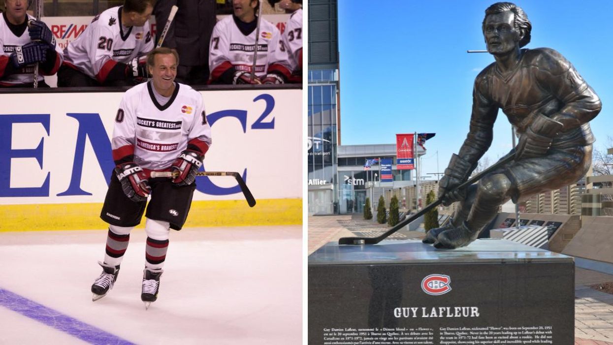Guy Lafleur skating on ice. Right: statue of Guy Lafleur outside the Montreal Bell Centre.