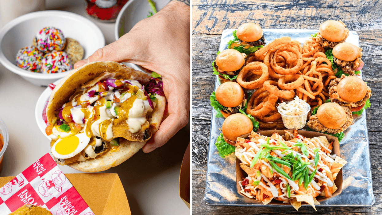 Hand holding a stuffed pita with vegetables, egg and sauce. Right: Platter of sliders, onion rings and loaded nachos.