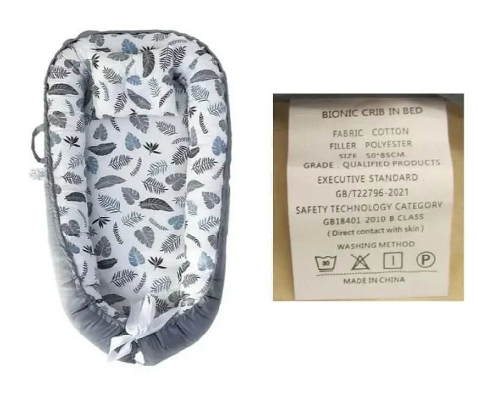 HAPDEN portable crib bed with label. Health Canada