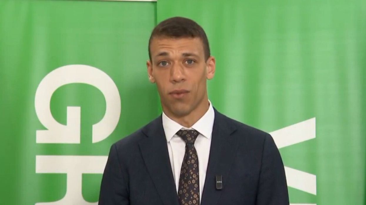 Head of the Green Party Jonathan Pedneault gives a speech.