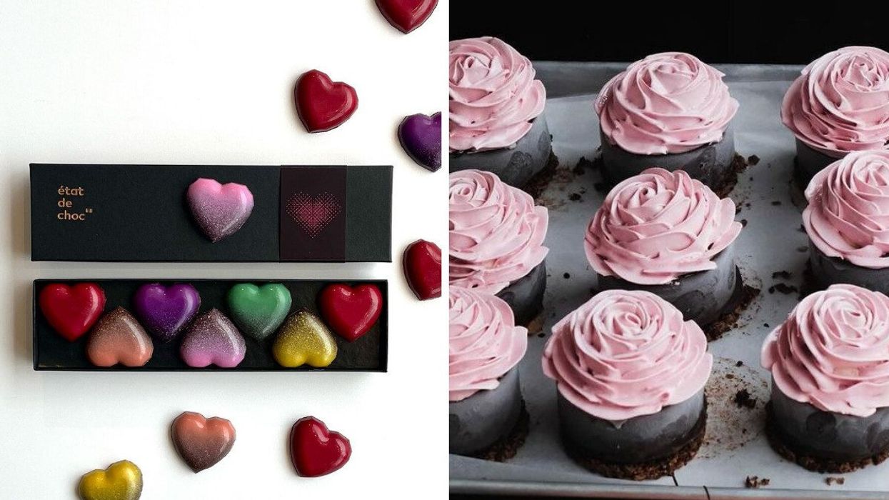 Heart-shaped chocolates in rainbow colours. Right: Rose-shaped ice cream treats.