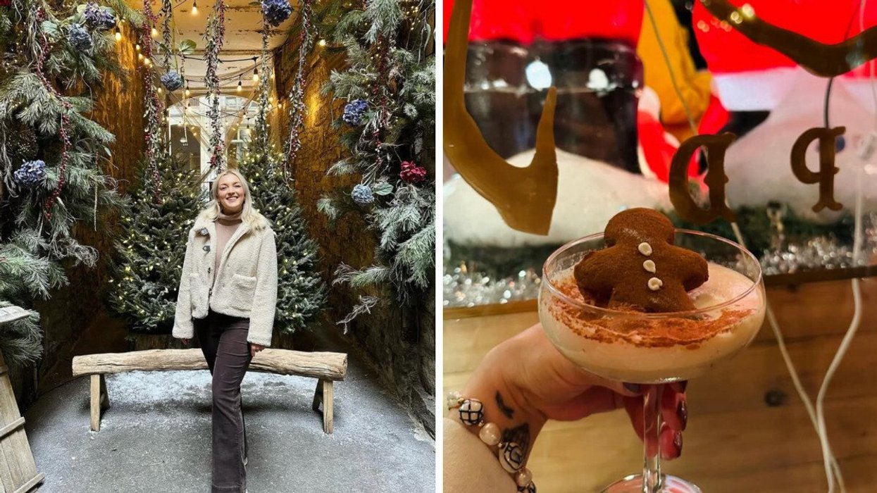 Helena poses in Maison Pepin's festive Christmas alley. Right: A gingerbread cocktail served at La Taverne de Noël.