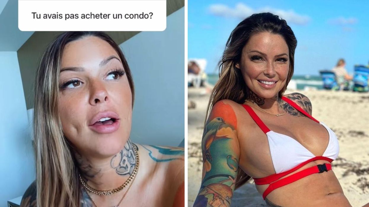 Hélène Boudreau during an Instagram Q&A session. Right: HélèneBoudreau sitting on a beach in Miami.