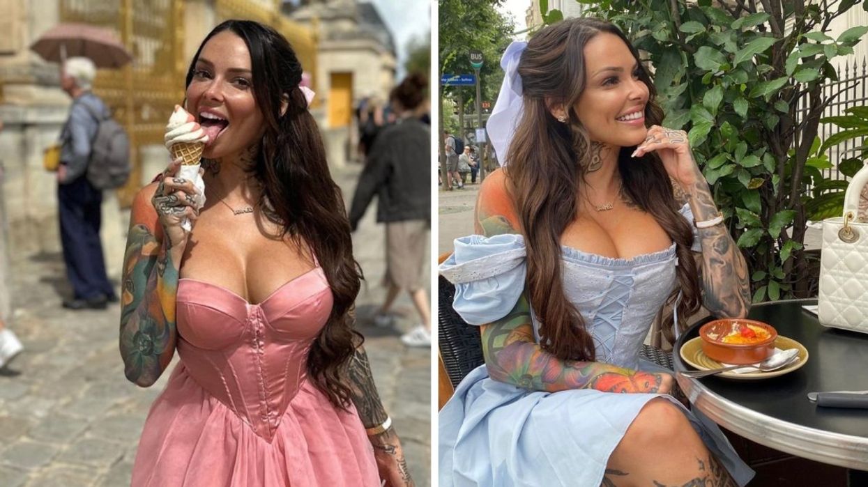 Helene Boudreau eating ice cream in a pink dress at the Palace de Versailles, Right: Helene Boudreau eating at a Paris cafe wearing a blue dress.